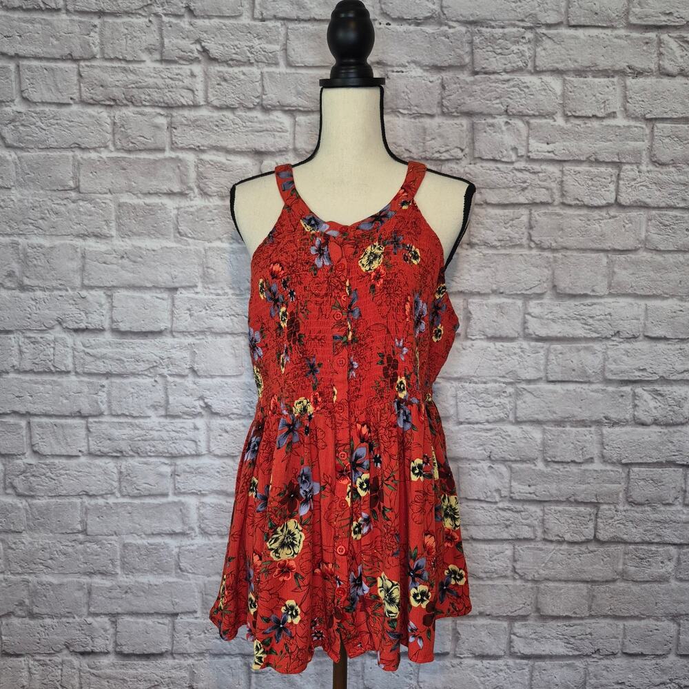 Torrid top burnt orange floral sleeveless gauze smocked halter babydoll size 2X - Picture 3 of 11